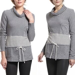 Anthropologie Grey Striped Cotton Terry Knit Long Sleeve Cowl Neck Pullover Top
